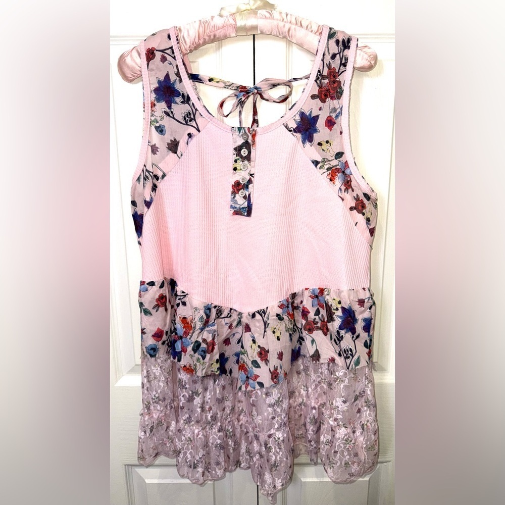 POL Floral Lace Ruffle Tank Top Pink Boho Scoop Neck Size Small NWOT